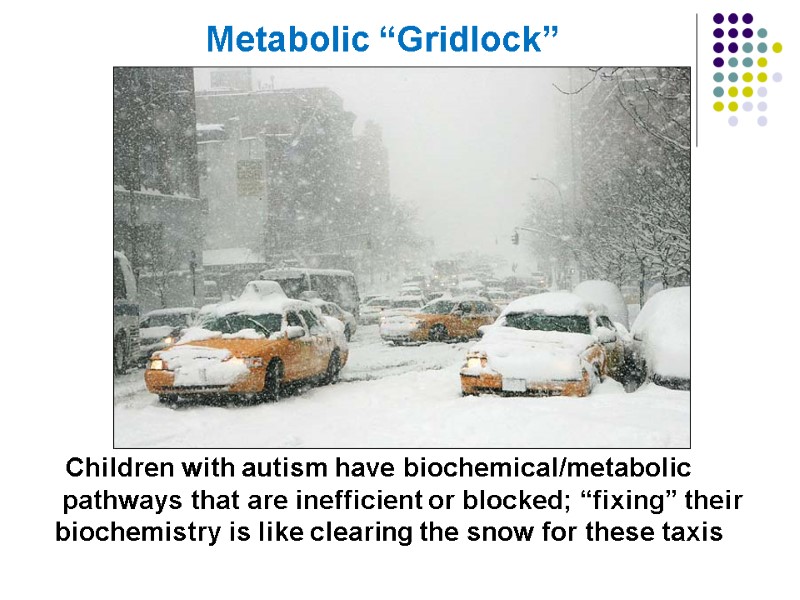 Children with autism have biochemical/metabolic  pathways that are inefficient or blocked; “fixing” their
